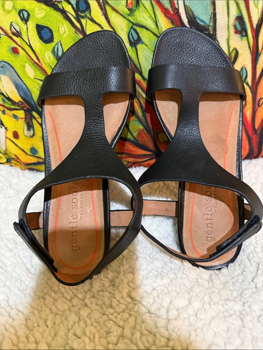 gentle souls Black Leather Open-Toe T-Strap Sandals